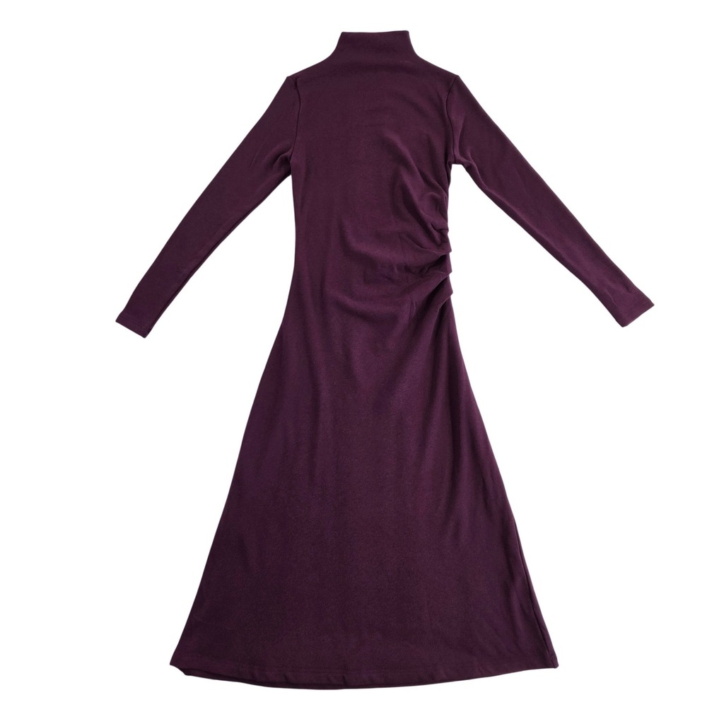 OGL S NWT Plum Ruched Mock Neck Long Sleeve Fitted Stretch Minimalist Dress